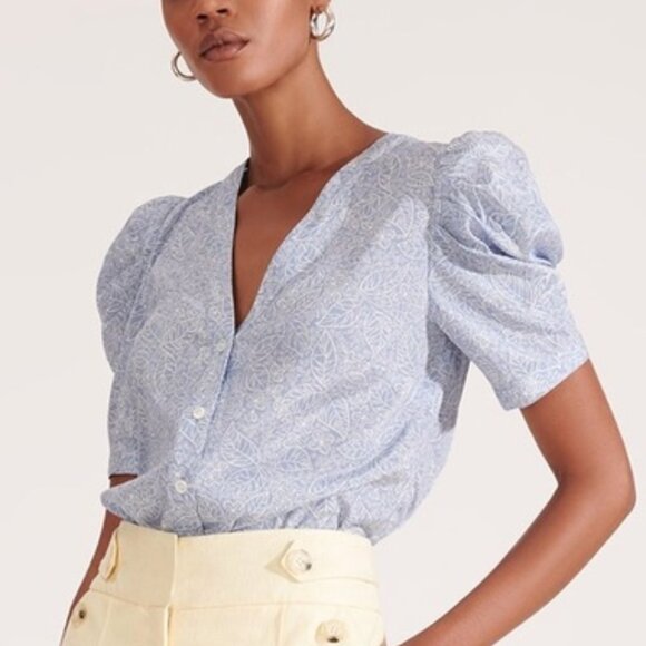 VGUC Veronica Beard Garland Puff Sleeve Floral Silk Blouse Top Blue White Size 0 - Picture 1 of 3